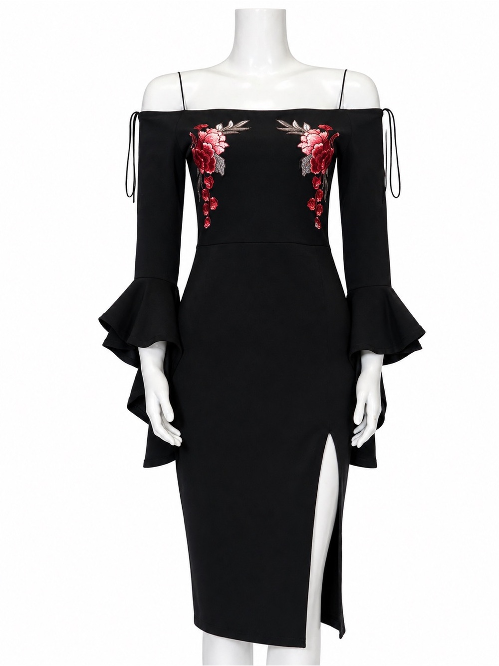 Off-Shoulder Black Midi Dress with Red Floral Embroidery